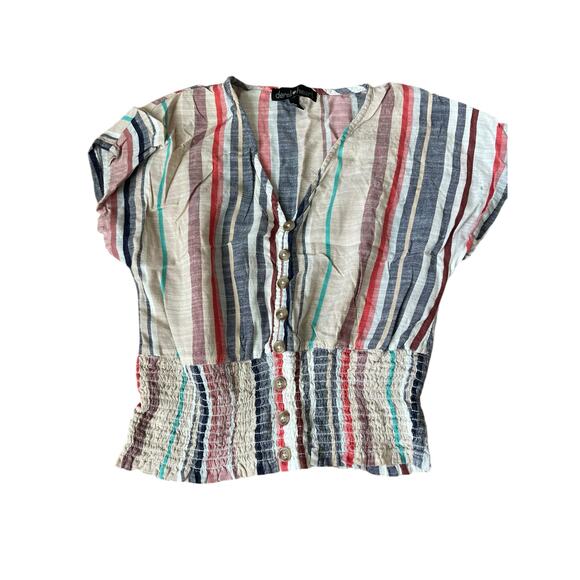 Derek Heart Multicolored Striped Short Sleeve Button Down Top Women's Size Small - Picture 1 of 4